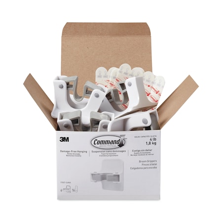 Command Broom Gripper, 3.12 x 1.85 x 3.34, White/Gray, 6 Grippers/16 Strips, PK6, 6PK 17007-S6NA